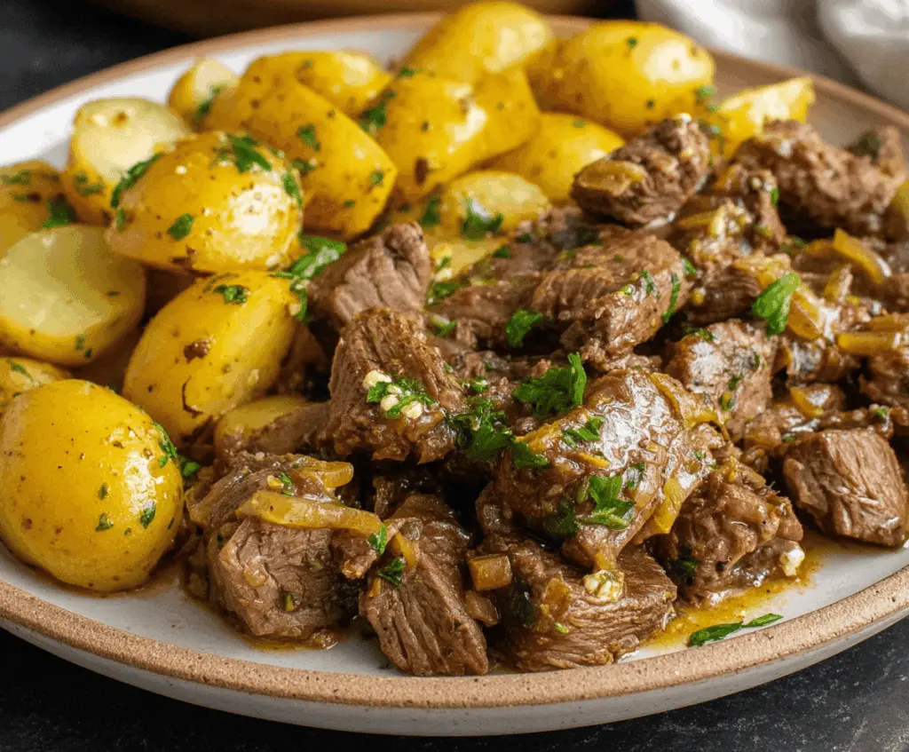 Slow Cooker Garlic Butter Beef Bites & Potatoes