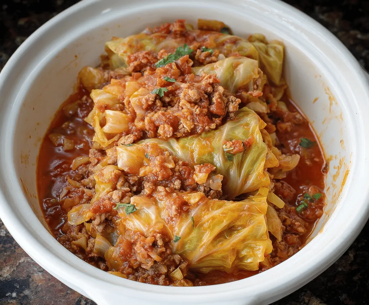 Delicious slow cooker unstuffed cabbage rolls in a savory tomato sauce served in a bowl