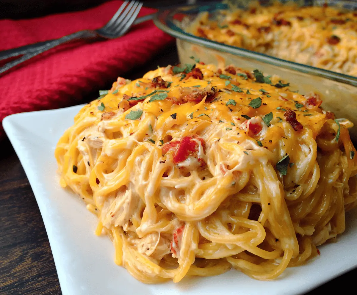 Creamy Spicy Southern Chicken Spaghetti Casserole topped with melted cheese and fresh herbs, served in a baking dish
