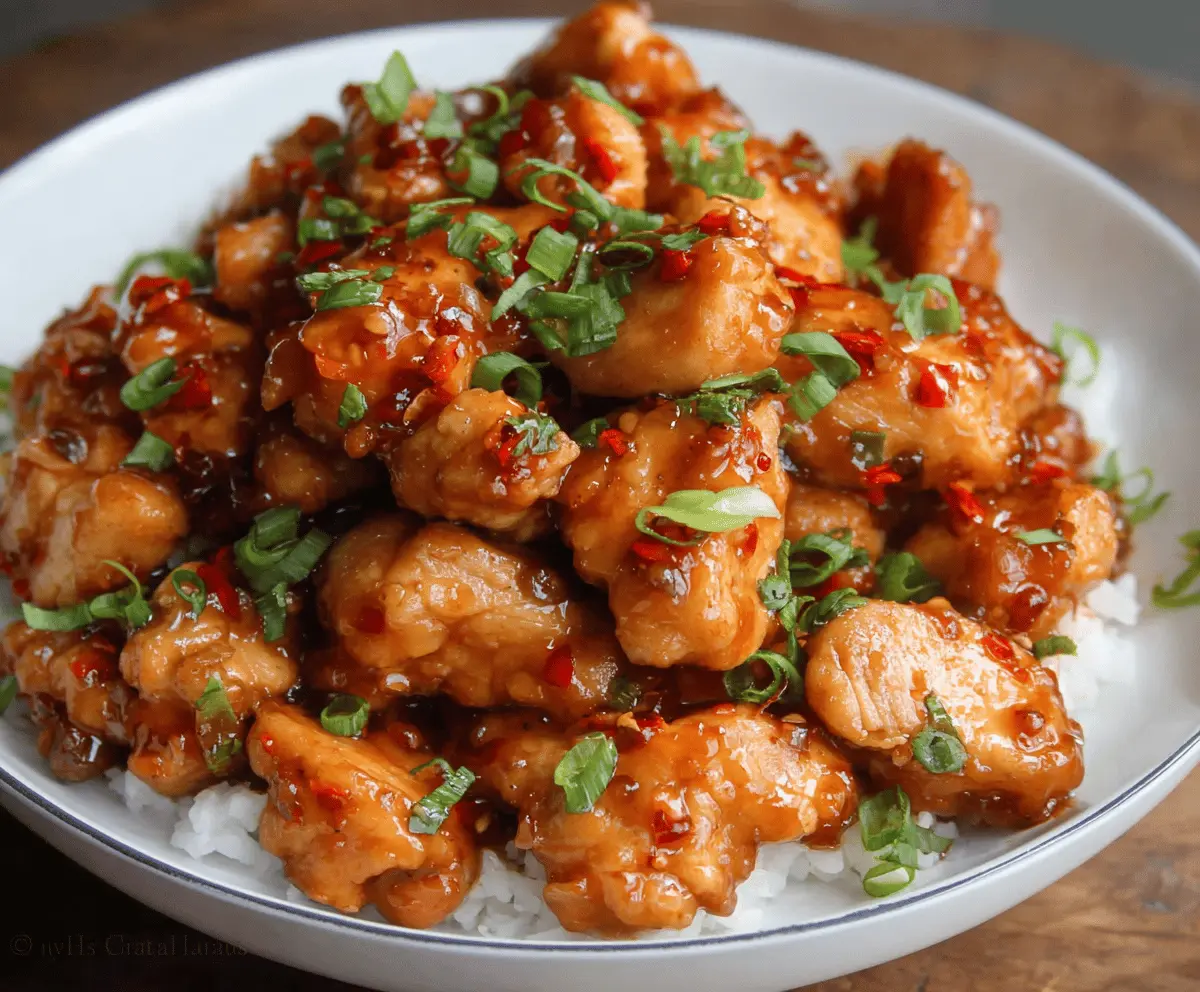 Delicious sweet chili chicken served with fresh vegetables and garnished with cilantro on a white plate, perfect for a flavorful Asian-inspired meal.