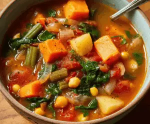 A bowl of hearty sweet potato vegetable soup garnished with herbs, featuring vibrant orange sweet potatoes, colorful vegetables, and fresh herbs on top.