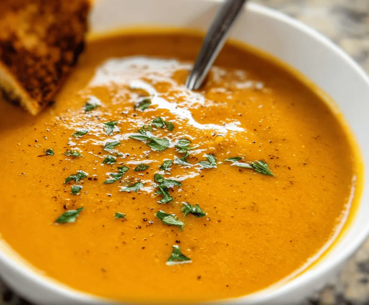 A steaming bowl of roasted winter vegetable soup garnished with fresh herbs, showcasing colorful carrots, squash, and root vegetables in a cozy, inviting setting.