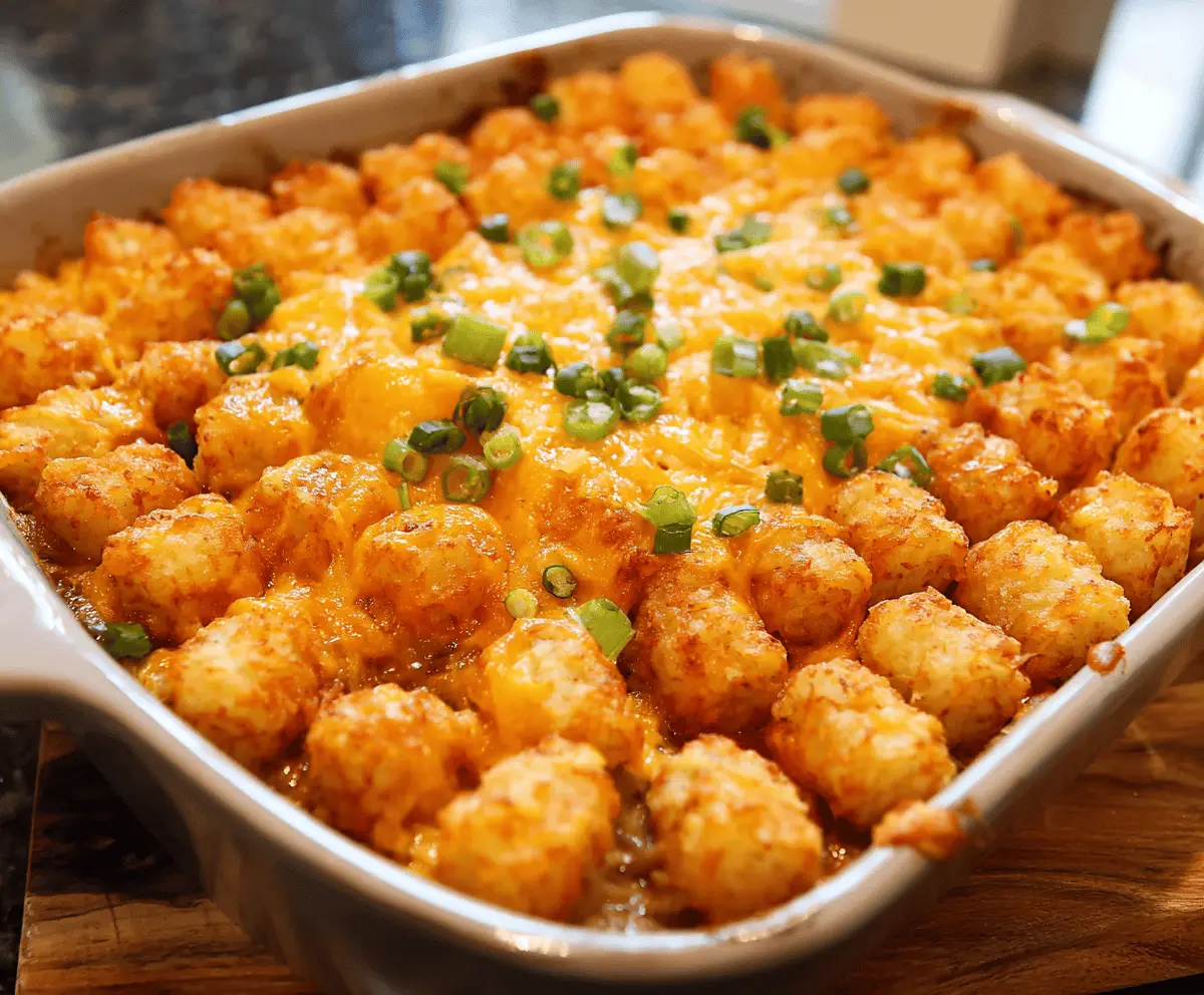 Delicious homemade Tater Tot Casserole with crispy golden tater tots, creamy filling, melted cheese, and fresh herbs in a baked dish