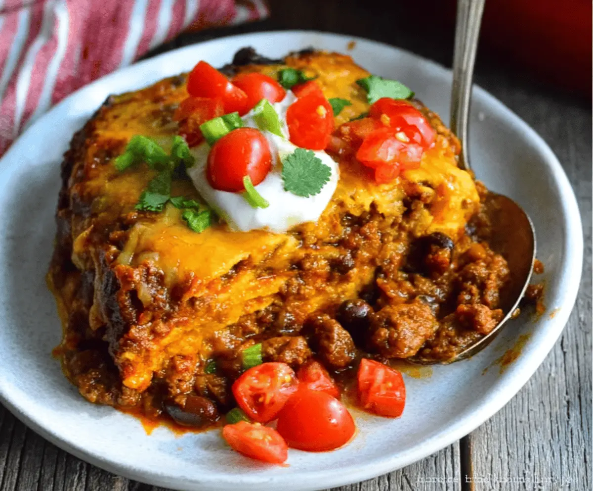 Delicious Beef Enchilada Casserole topped with melted cheese and fresh cilantro, served in a baking dish—perfect for a flavorful Mexican-inspired meal.
