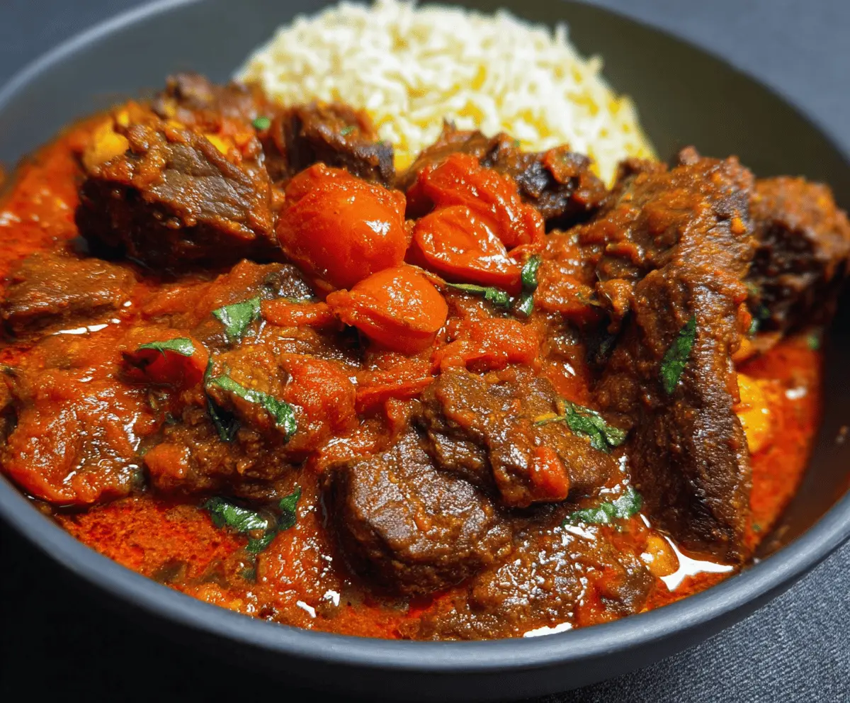 Delicious viral Nigerian beef stew served with rice and vegetables, featuring rich tomato and spice flavors