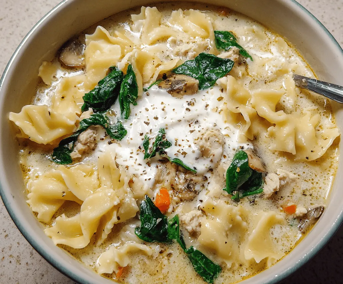 Creamy white lasagna soup topped with melted cheese, fresh basil, and lasagna noodles in a flavorful broth