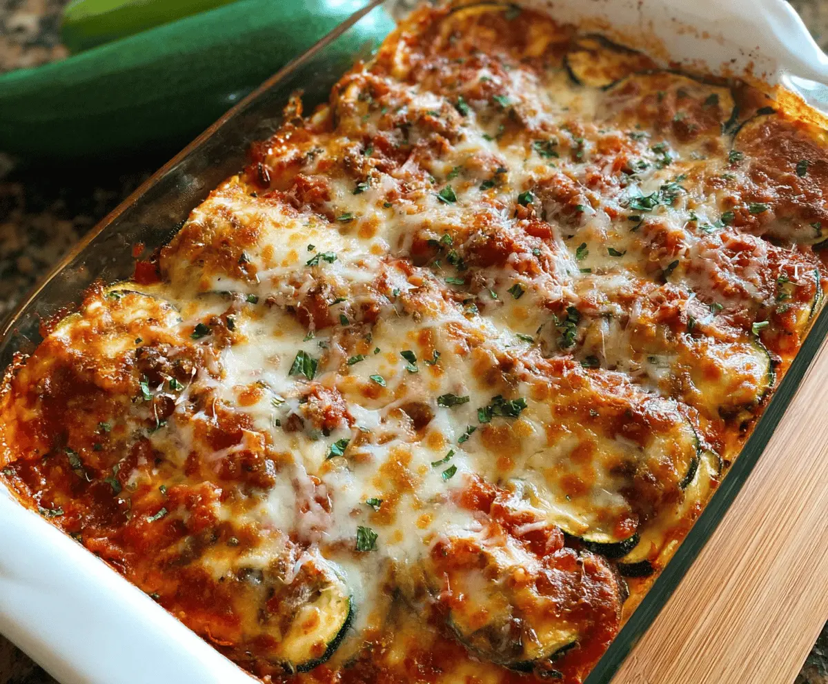 Delicious zucchini pizza casserole topped with melted cheese and fresh herbs, served in a baking dish, perfect for a healthy and savory meal.