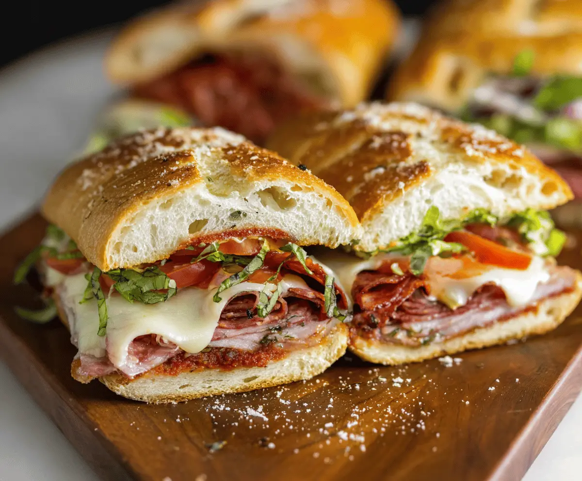 Delicious baked Italian grinder sandwiches with layers of meats, cheese, and vegetables on toasted bread, ready to serve.