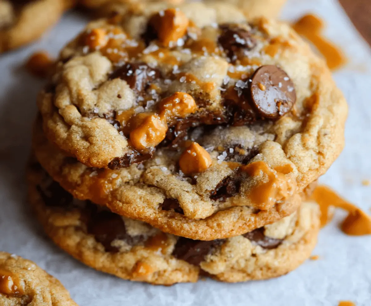 Delicious homemade butterscotch chocolate chip cookies sprinkled with sea salt on a rustic plate, perfect for satisfying sweet cravings