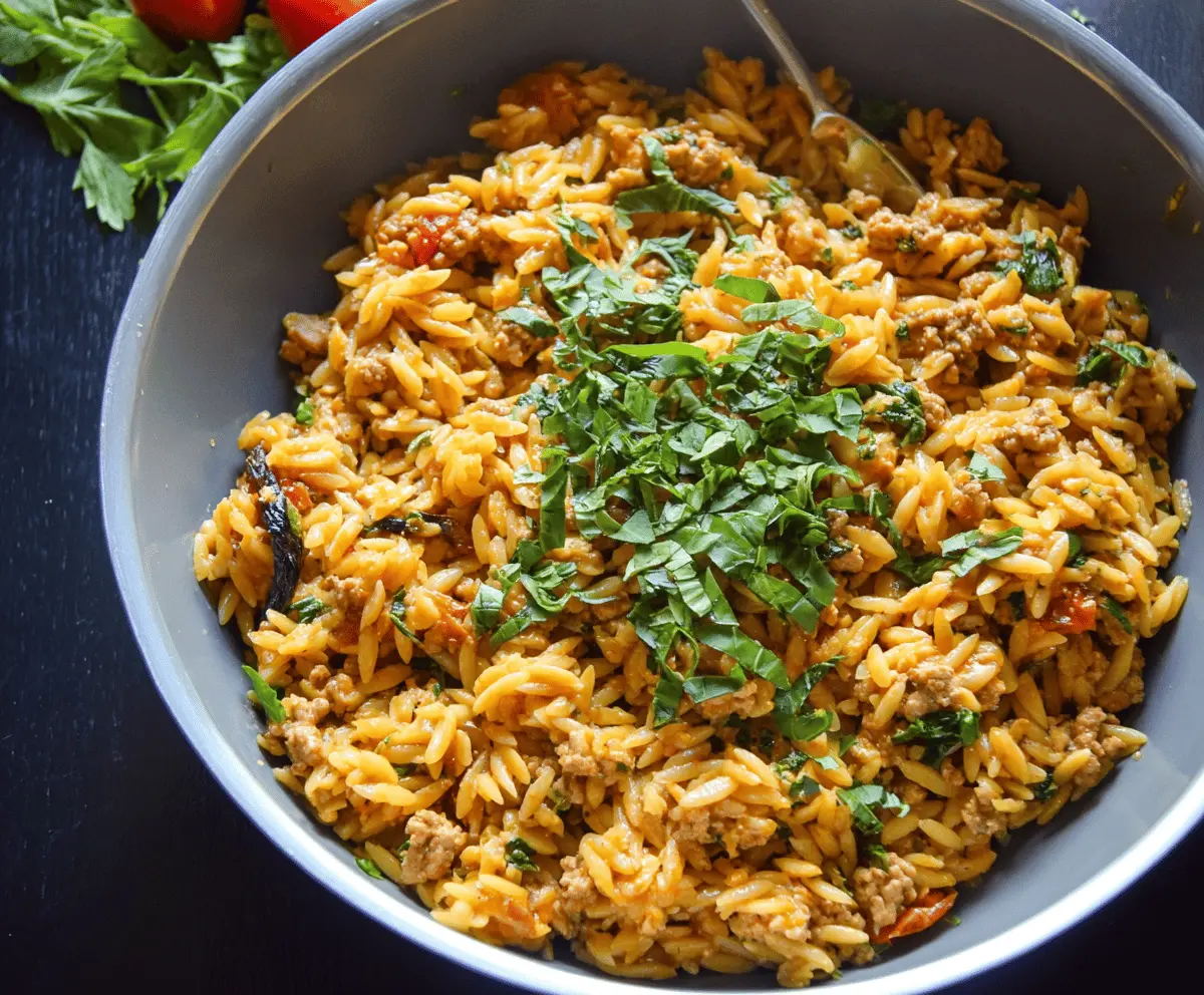 Delicious ground turkey orzo pasta dish garnished with fresh herbs, perfect for a healthy and flavorful meal.