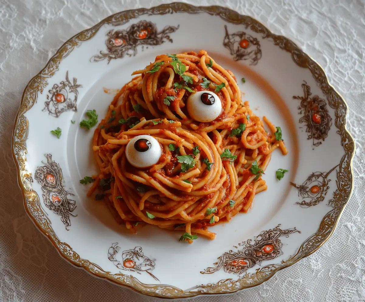 Spooky Bloody Spaghetti with Mozzarella Eyeballs Halloween Pasta served on a plate with a creepy Halloween theme