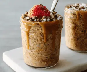 Creamy brown sugar overnight oats in a glass jar topped with fresh berries and a sprinkle of cinnamon for a delicious and healthy breakfast.