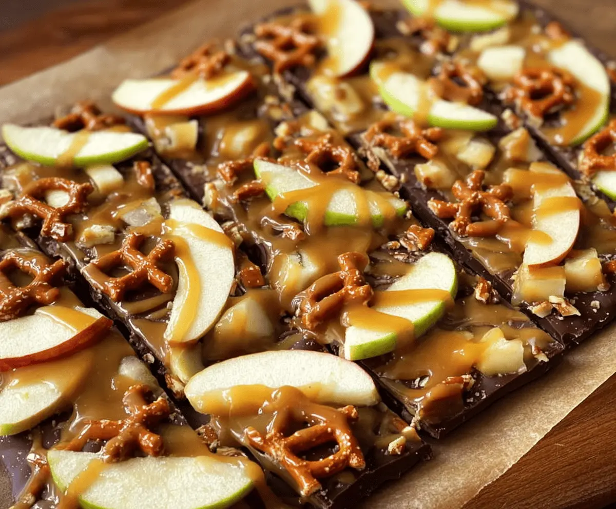 Delicious homemade caramel apple bark with chopped apples, caramel drizzle, and crunchy toppings on a white plate