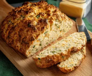 Golden homemade Cheddar and Herb Soda Bread topped with melted cheese and fresh herbs, perfect for breakfast or a savory snack.