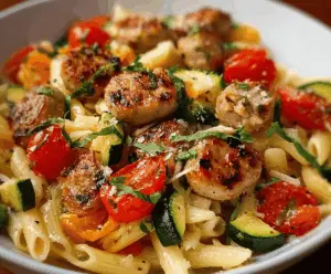Delicious chicken sausages with zucchini, tomatoes, and pasta on a plate, featuring fresh ingredients and vibrant colors for a healthy meal