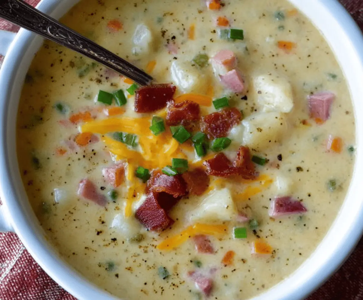 Creamy classic Old Fashioned loaded potato soup topped with shredded cheese, crispy bacon bits, green onions, and a dollop of sour cream in a rustic bowl.