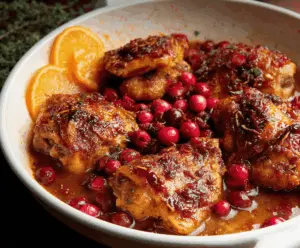 Juicy cranberry orange chicken served with fresh orange slices and cranberry garnish on a white plate, perfect for a festive meal.