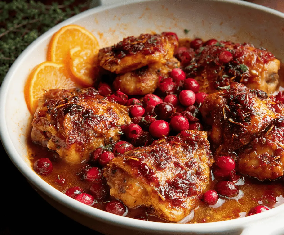 Juicy cranberry orange chicken served with fresh orange slices and cranberry garnish on a white plate, perfect for a festive meal.