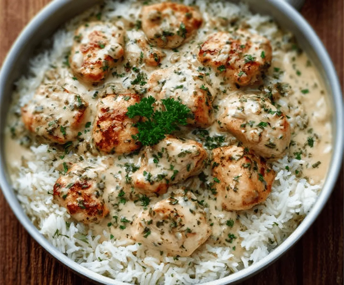 Creamy herb chicken served with fragrant basmati rice in a one-pan meal, showcasing a comforting, flavorful dish perfect for dinner.