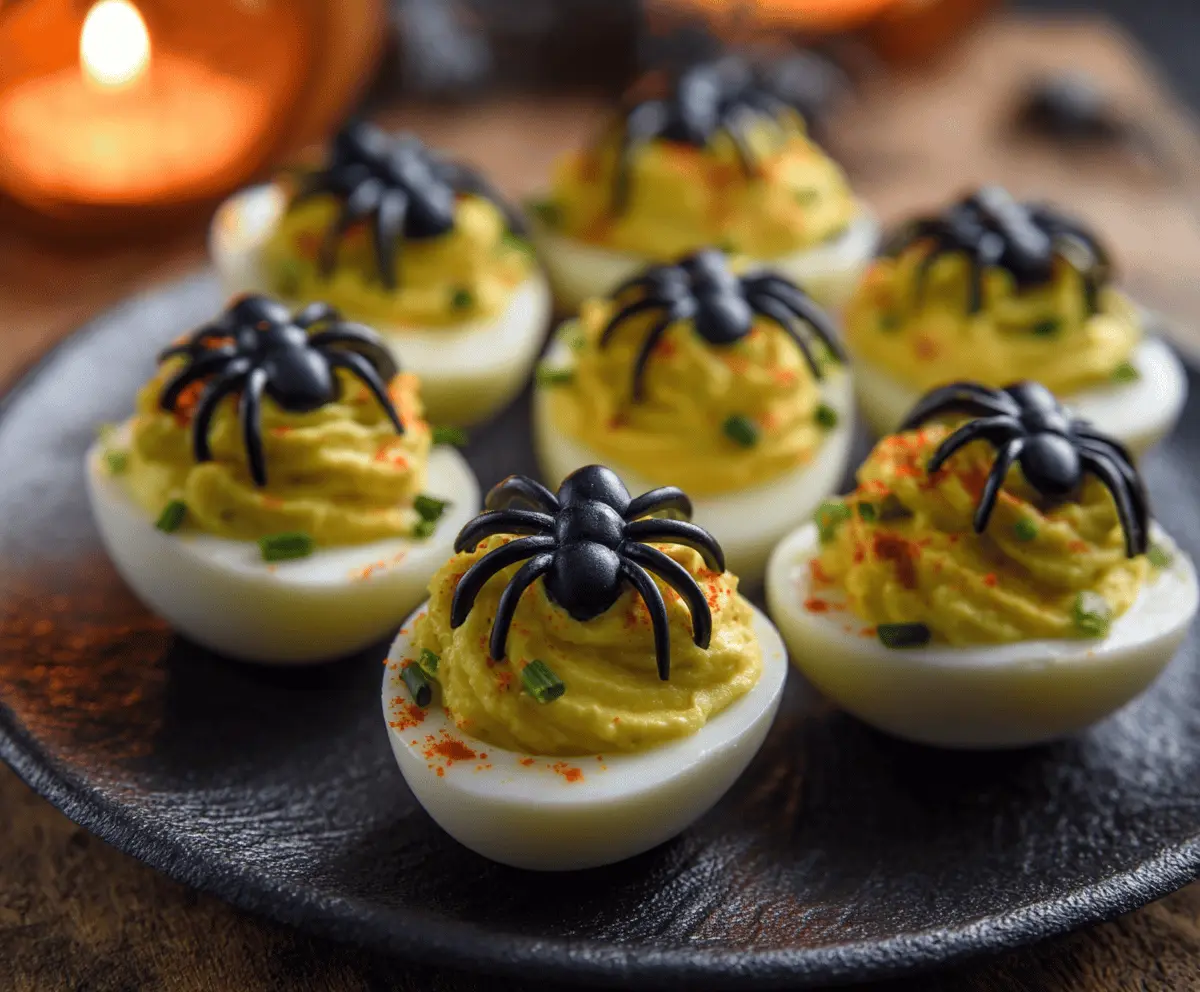 Spooky Halloween Creepy Deviled Eggs with ghoulish faces and black olive eyes, perfect spooky appetizer for Halloween parties