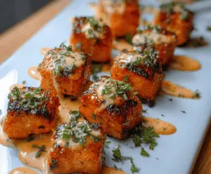 Golden crispy Bang Bang Salmon Bites served with a spicy dipping sauce on a white plate, garnished with chopped green onions and sesame seeds.
