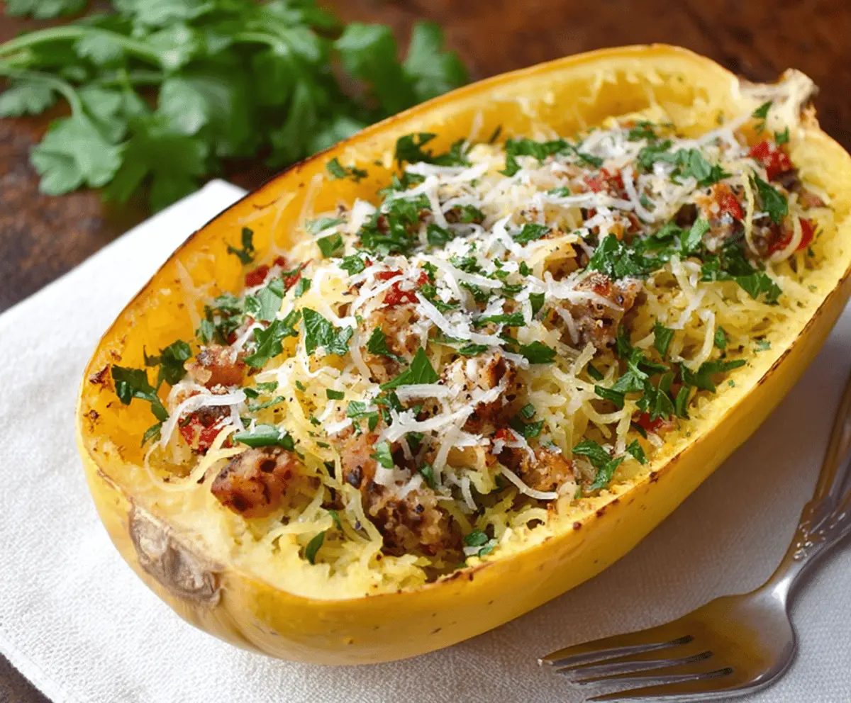 Healthy spaghetti squash recipe served with fresh vegetables and herbs, perfect for a nutritious dinner.
