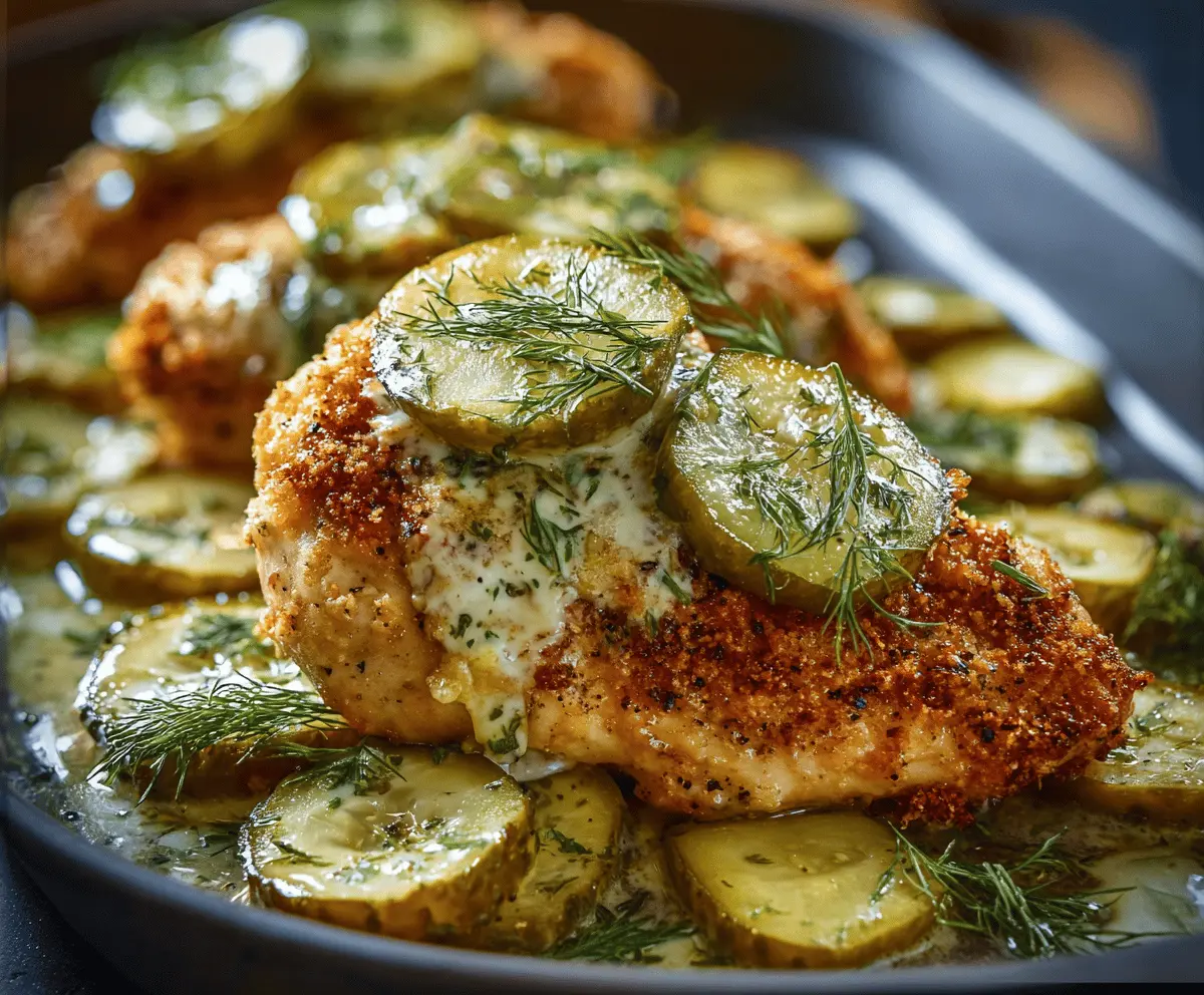 Juicy baked Parmesan chicken topped with fresh dill and sliced pickles, served on a white plate for Dill Pickle Parmesan Chicken recipe