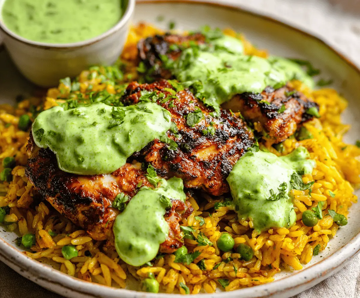 Delicious easy Peruvian chicken and rice served with vibrant green sauce, showcasing flavorful spices and fresh herbs