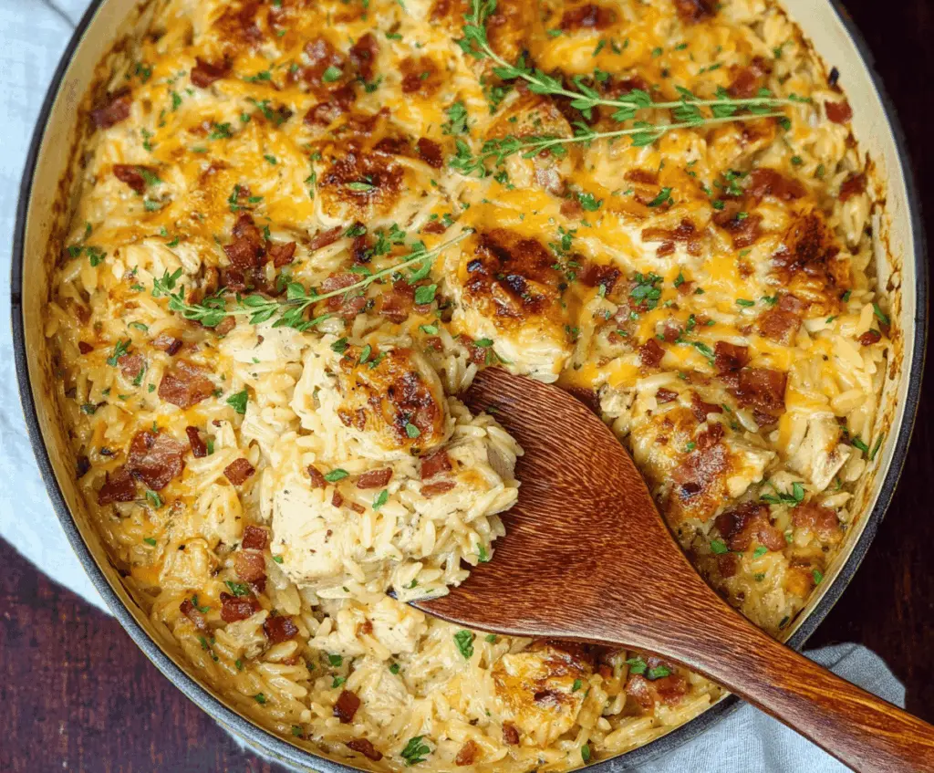 French Onion Chicken Orzo Casserole