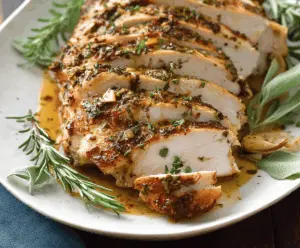 Juicy Garlic Herb Slow Cooker Turkey Breast topped with fresh herbs on a white plate ready to serve