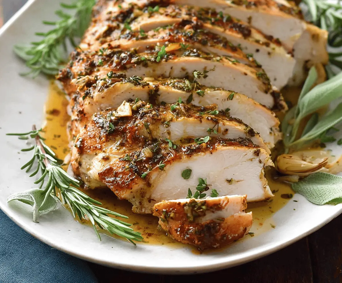 Juicy Garlic Herb Slow Cooker Turkey Breast topped with fresh herbs on a white plate ready to serve