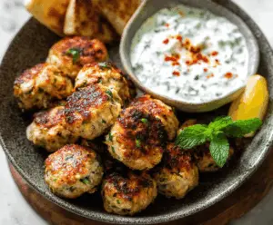 Delicious Greek turkey meatballs served with creamy homemade tzatziki sauce on a white plate, garnished with fresh herbs, perfect for a Mediterranean-inspired meal