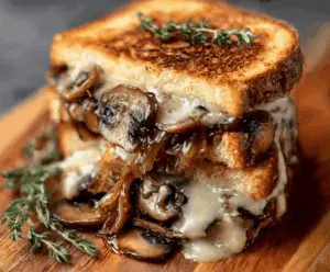 Delicious grilled cheese sandwich with melted Gouda cheese, roasted mushrooms, and caramelized onions on toasted bread