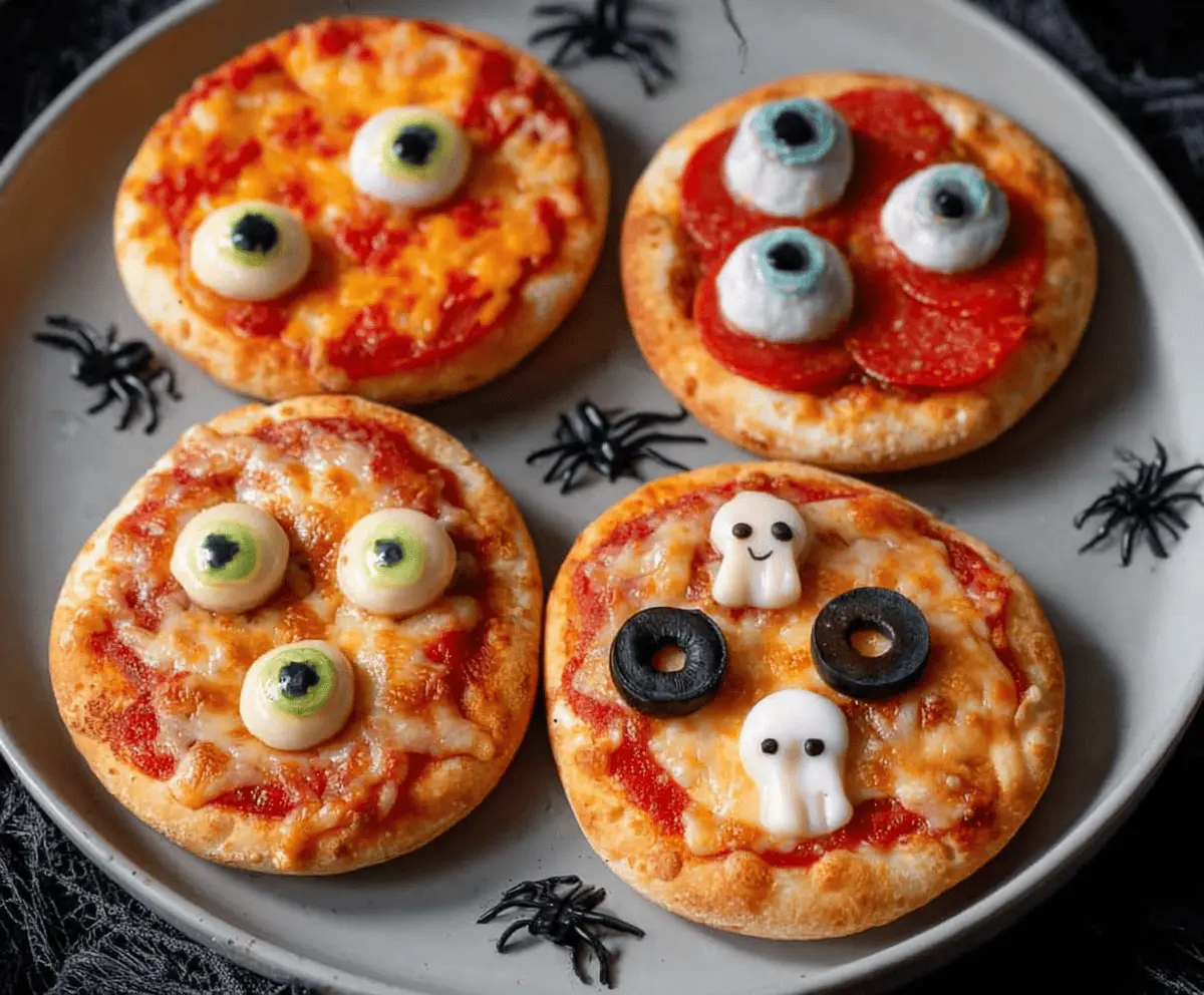 Mini Halloween pizzas decorated as creepy eyeballs with colorful toppings, perfect for kids' spooky snack ideas.