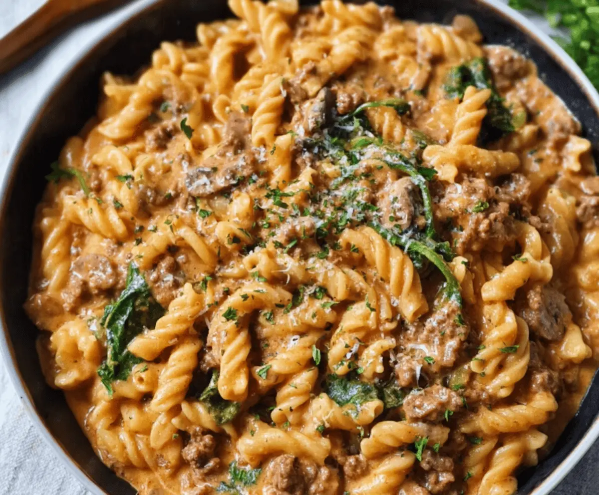 Creamy high-protein beef pasta dish ready for quick weeknight dinners featuring tender beef, creamy sauce, and pasta