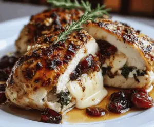Juicy stuffed chicken breast topped with melted Brie cheese and fresh cranberries, served on a white plate for a flavorful Cranberry Brie Stuffed Chicken recipe.