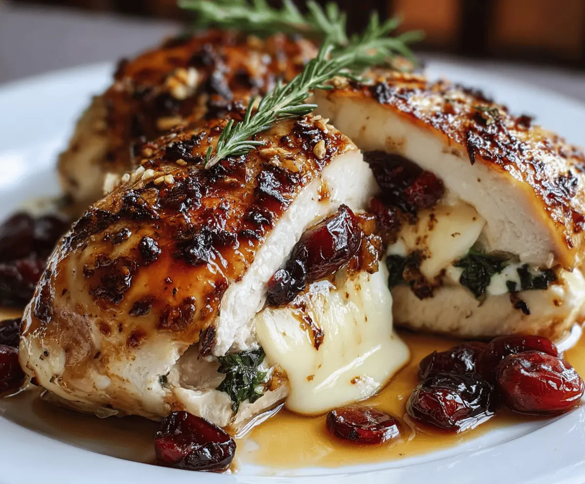 Juicy stuffed chicken breast topped with melted Brie cheese and fresh cranberries, served on a white plate for a flavorful Cranberry Brie Stuffed Chicken recipe.
