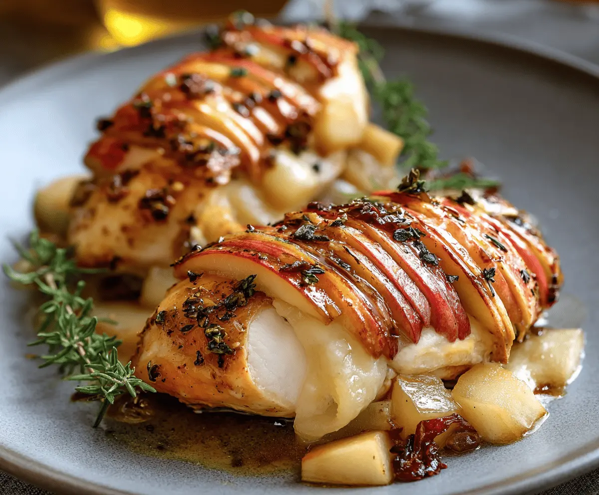 Juicy chicken breast stuffed with melted Brie cheese and caramelized apples, glazed with sweet maple syrup, served on a white plate.