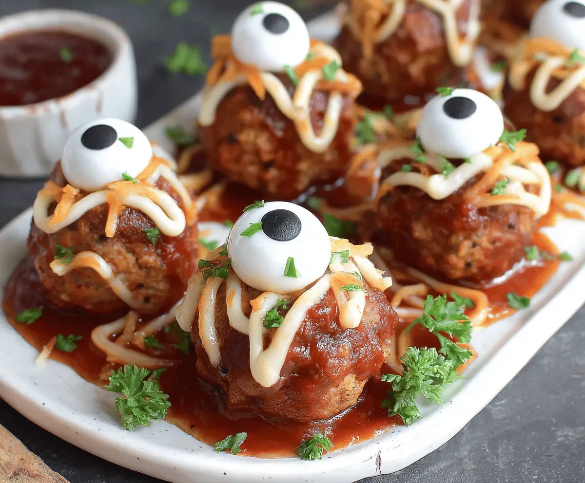 Delicious Monster Eyeball Meatballs served as keto-friendly party food with creepy eyeball decoration and garnishes.