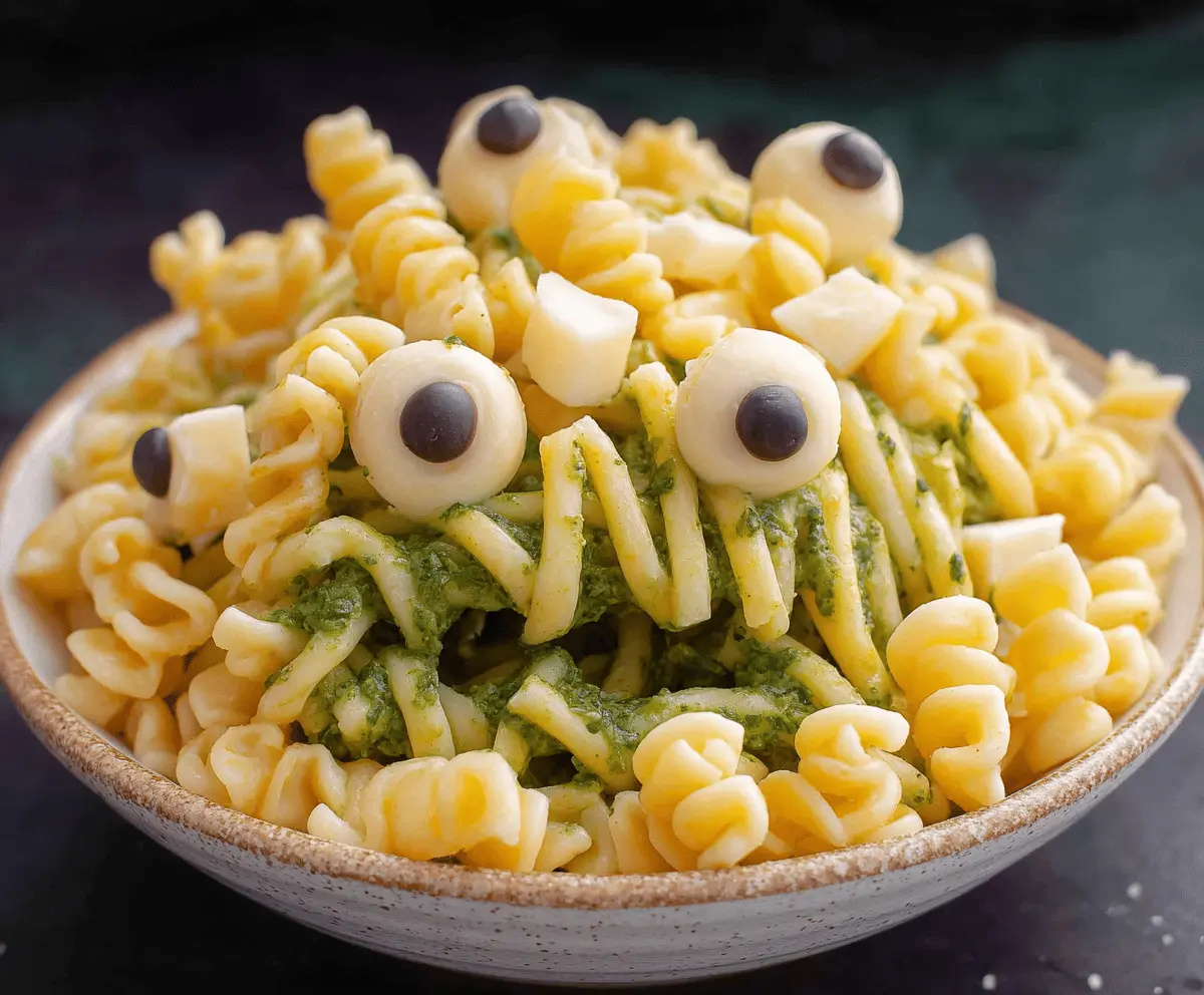 Creamy monster-themed mac and cheese with creepy Halloween decorations, perfect for a spooky dinner idea.