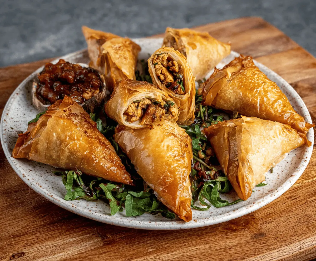 Delicious Moroccan Spiced Chicken Briouats with golden crispy pastry and flavorful filling, perfect for appetizer or snack