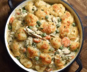 Delicious One Pot Gnocchi Chicken Pot Pie served in a bowl with golden crust, creamy filling, tender chicken, vegetables, and melted cheese