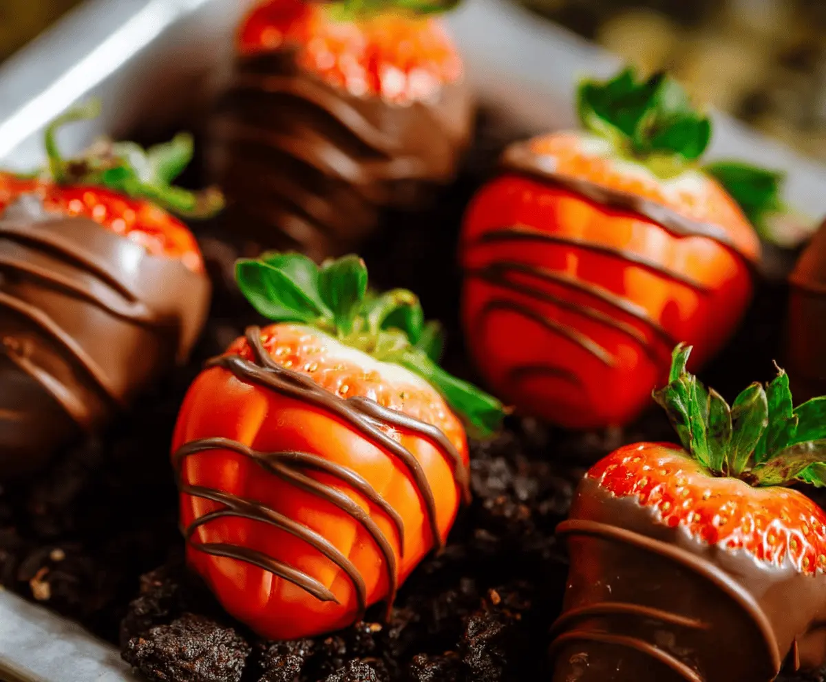 Chocolate-covered strawberries decorated as pumpkin patches with green stems and orange pumpkin designs for a festive fall treat