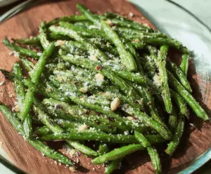 Fresh roasted green beans topped with grated Parmesan cheese, served as a delicious side dish