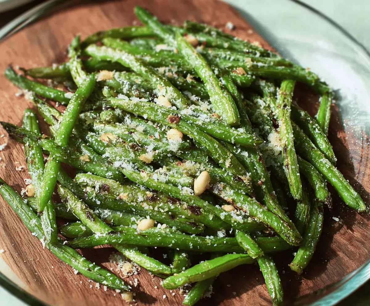 Fresh roasted green beans topped with grated Parmesan cheese, served as a delicious side dish