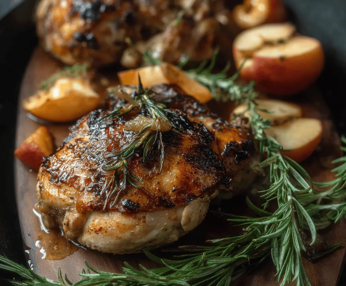 Juicy rosemary apple cider chicken cooked to perfection in a skillet, garnished with fresh herbs and sliced apples for a flavorful meal.