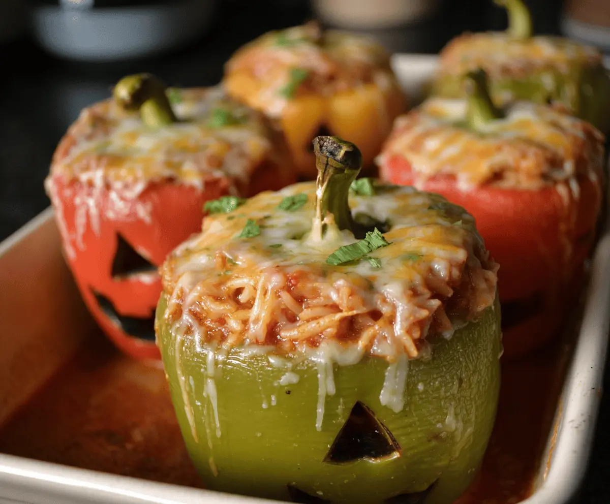 Easy Halloween Shredded Chicken Stuffed Peppers