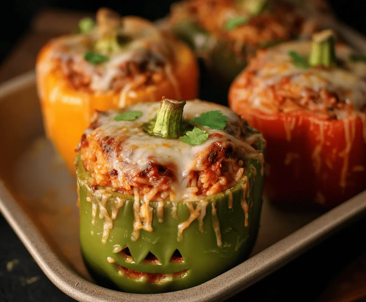 Halloween-themed shredded chicken and rice stuffed peppers topped with spooky decorations for a festive and delicious holiday meal