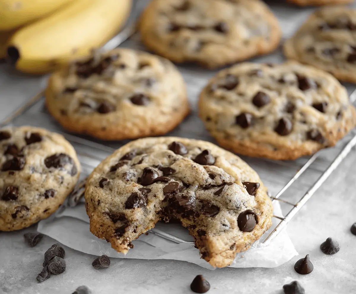 Soft and chewy banana chocolate chip cookies fresh out of the oven, featuring ripe bananas, melty chocolate chips, and a golden-brown crust