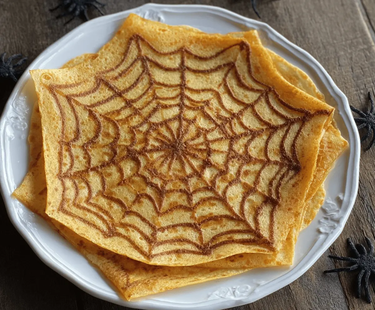 Delicious spiderweb crepes topped with whipped cream and chocolate sauce, perfect for Halloween desserts.